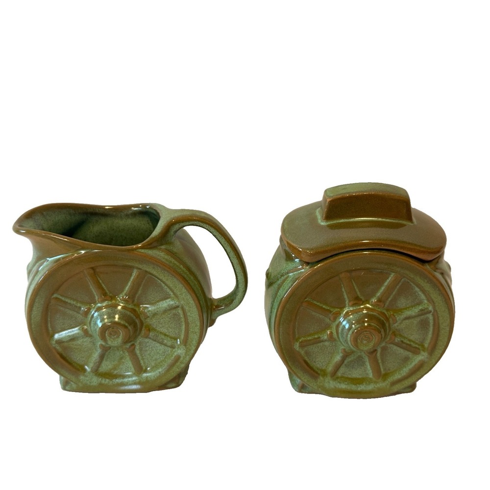 Vintage Frankoma Wagon Wheel Creamer Sugar Bowl Set Prairie Green Pottery Lidded